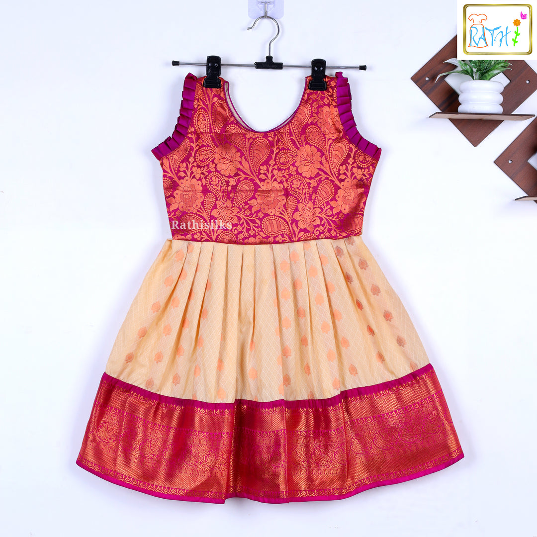 Girls’ Peach & Pink Brocade Yoke Frock