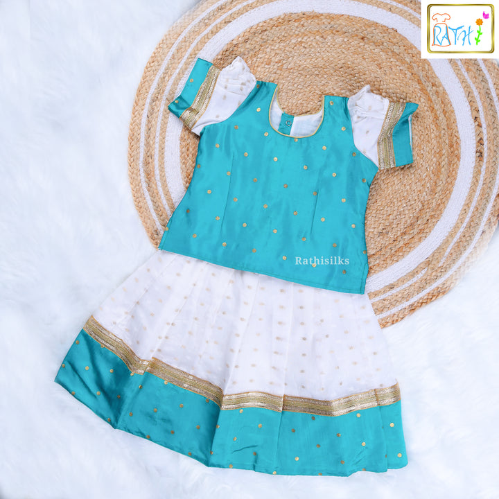 Teal Blue Polka Zari Blouse with White Contrast Pavadai