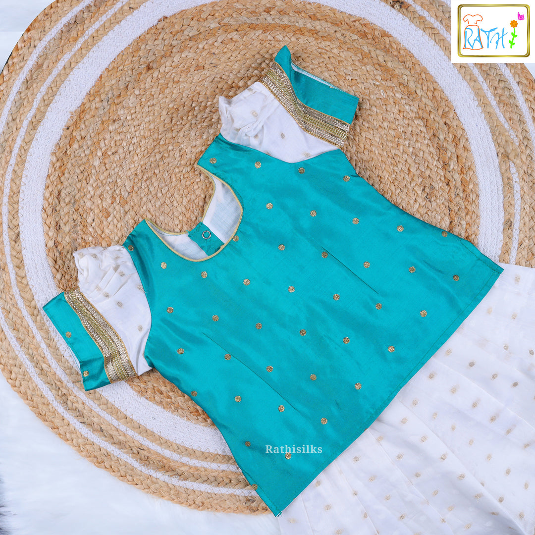 Teal Blue Polka Zari Blouse with White Contrast Pavadai
