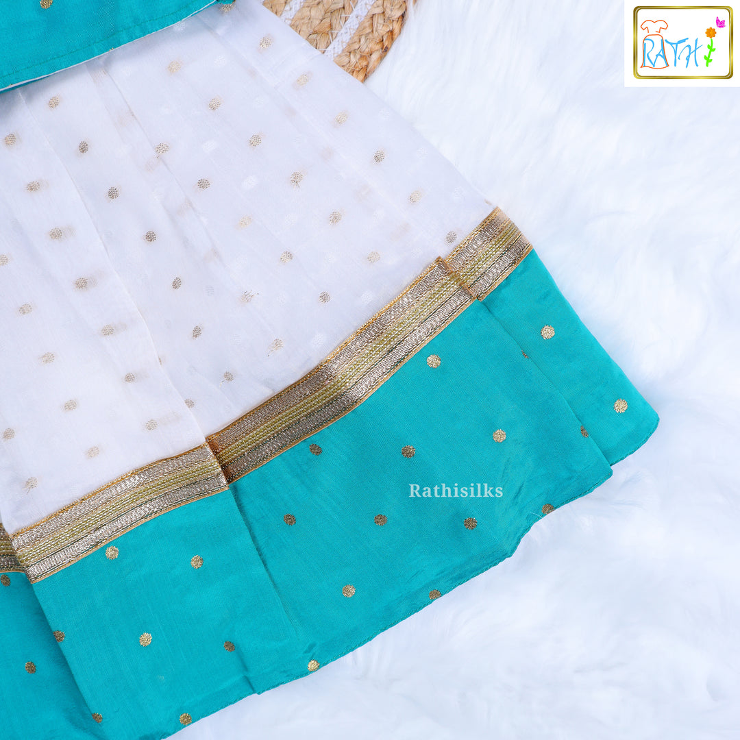 Teal Blue Polka Zari Blouse with White Contrast Pavadai