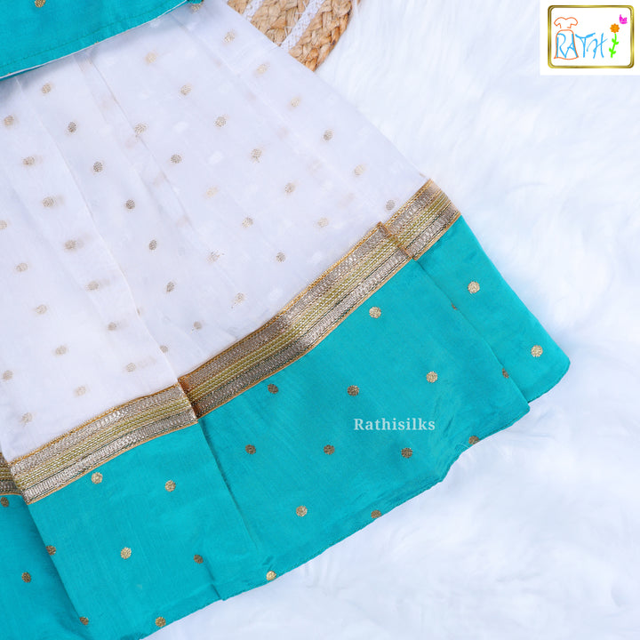 Teal Blue Polka Zari Blouse with White Contrast Pavadai