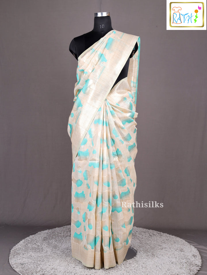 Elegant Cream and Aqua Synthetic Saree