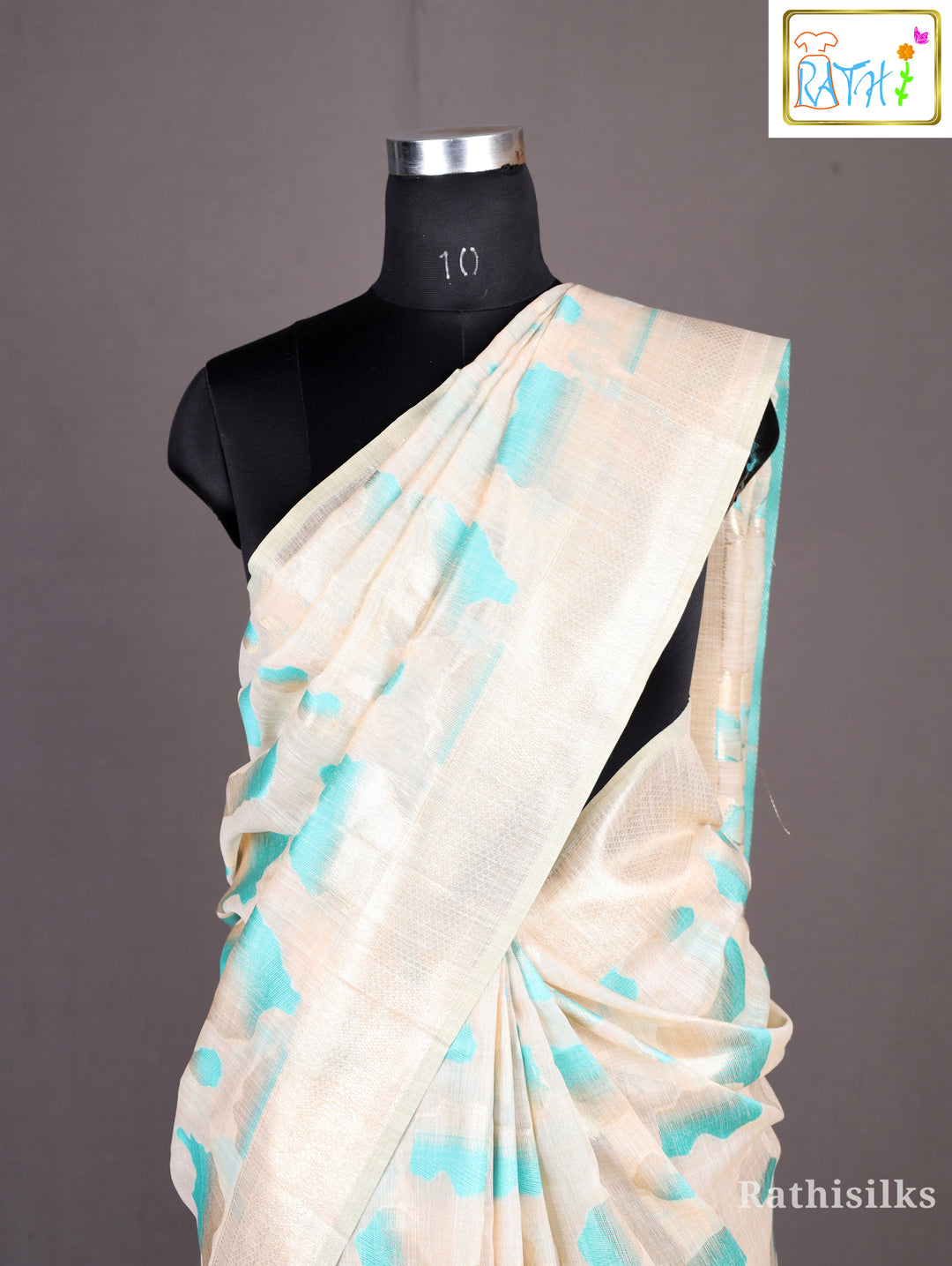 Elegant Cream and Aqua Synthetic Saree