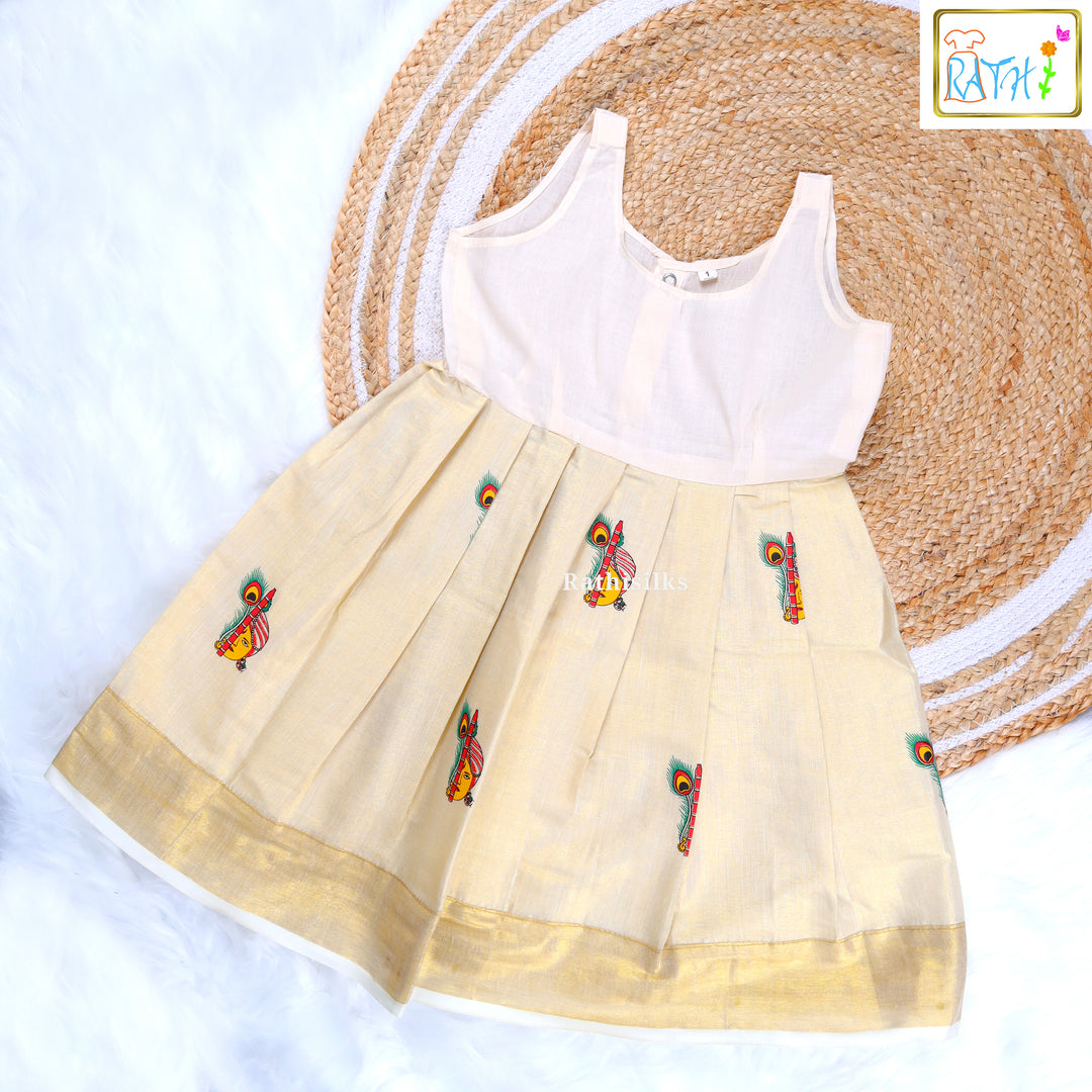 Elegant Cream Krishna Motif Pavadai Sattai