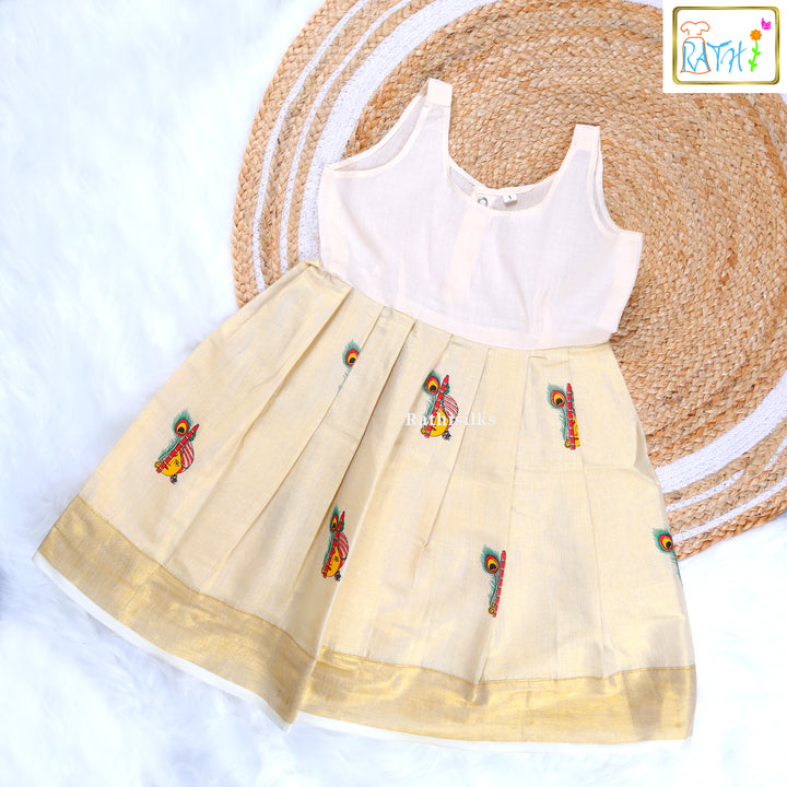 Elegant Cream Krishna Motif Pavadai Sattai