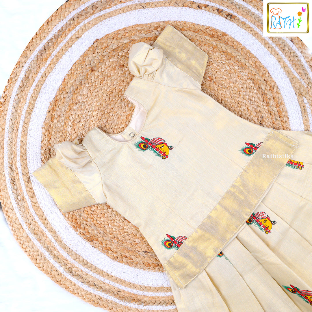 Elegant Cream Krishna Motif Pavadai Sattai