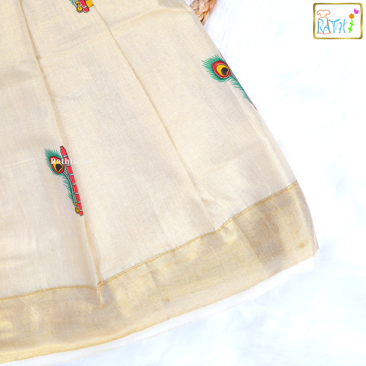 Elegant Cream Krishna Motif Pavadai Sattai