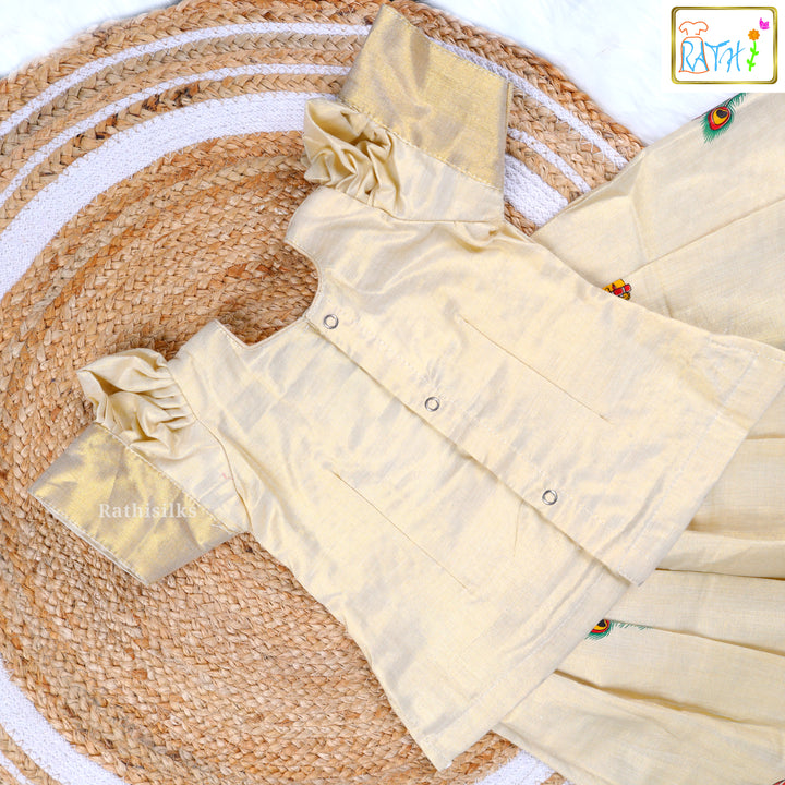 Elegant Cream Krishna Motif Pavadai Sattai