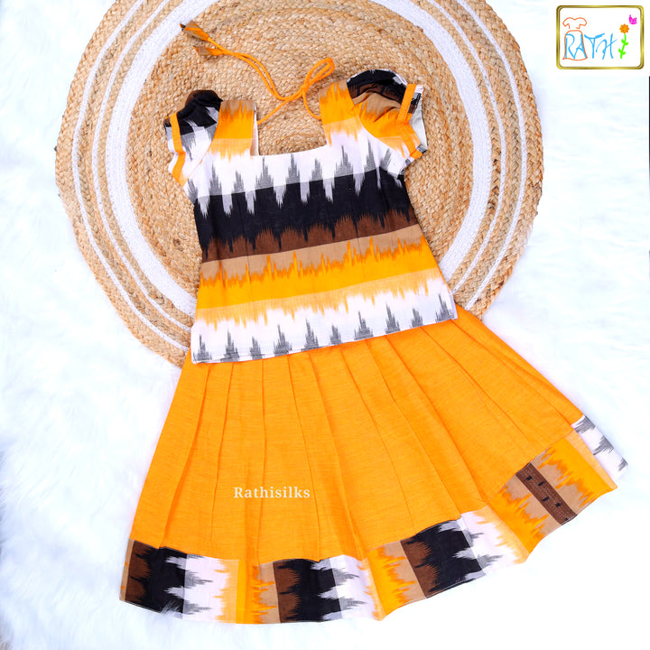 Vibrant Orange and Ikat Pattern Cotton Pavadai Sattai