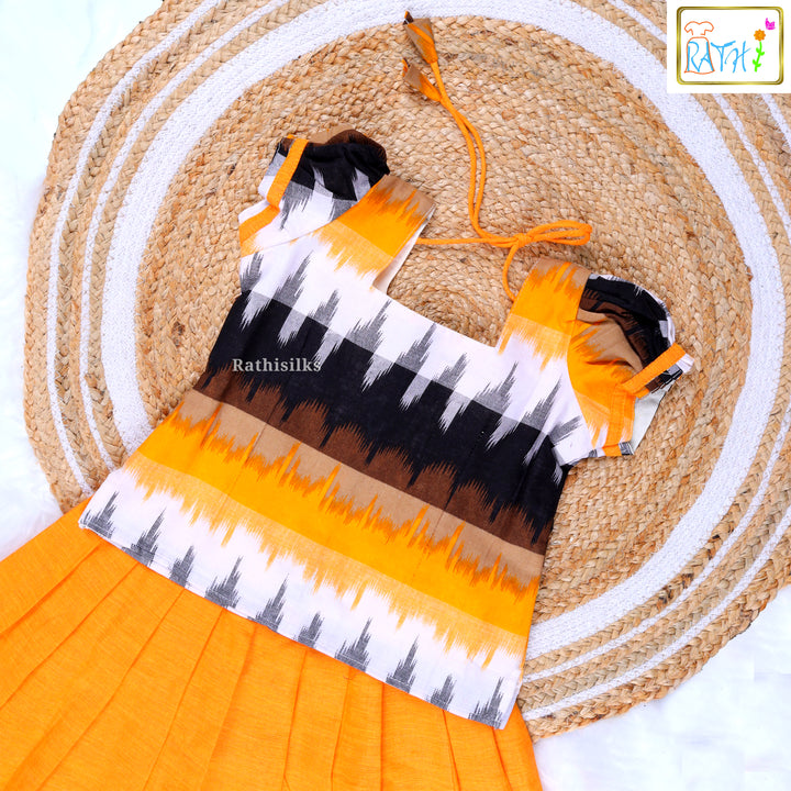 Vibrant Orange and Ikat Pattern Cotton Pavadai Sattai