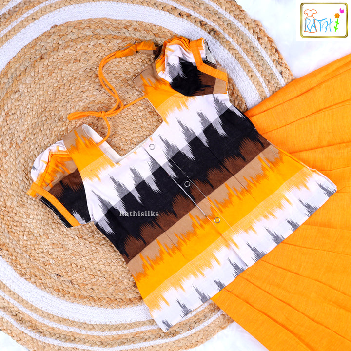 Vibrant Orange and Ikat Pattern Cotton Pavadai Sattai