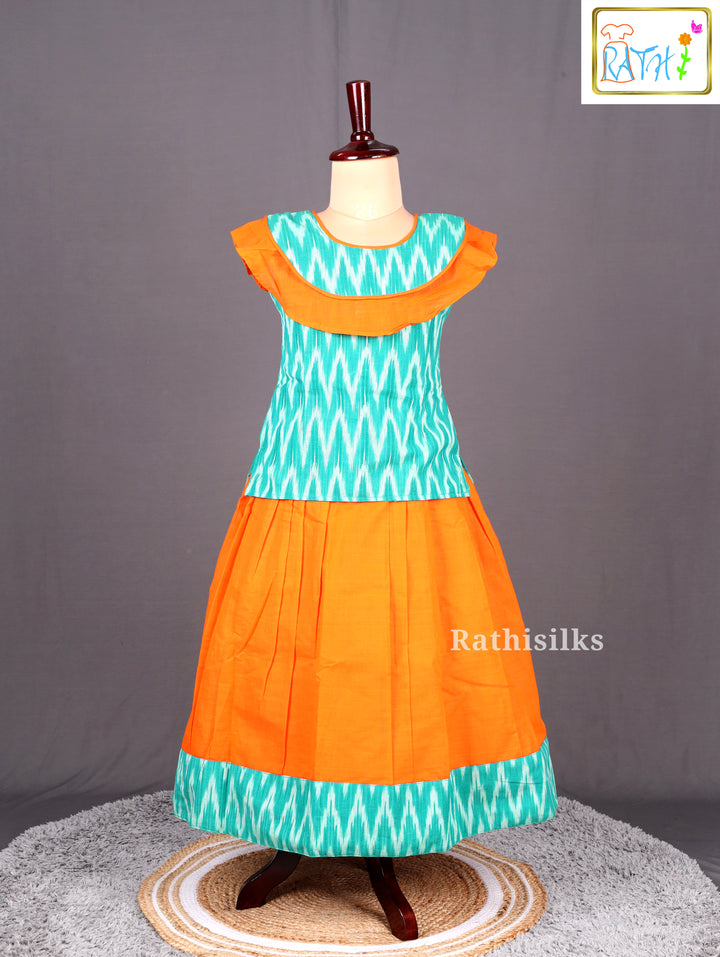 Orange and Green Ikat Cotton Pavadai Set