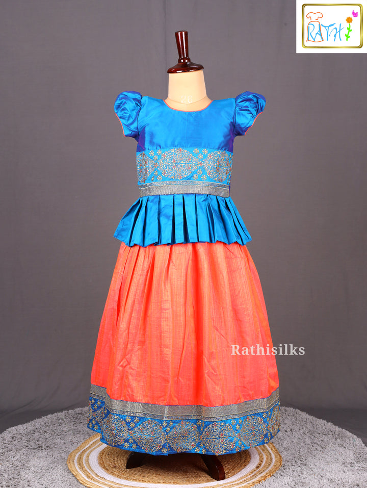 Elegant Blue & Peach Art Silk Pavadai Sattai