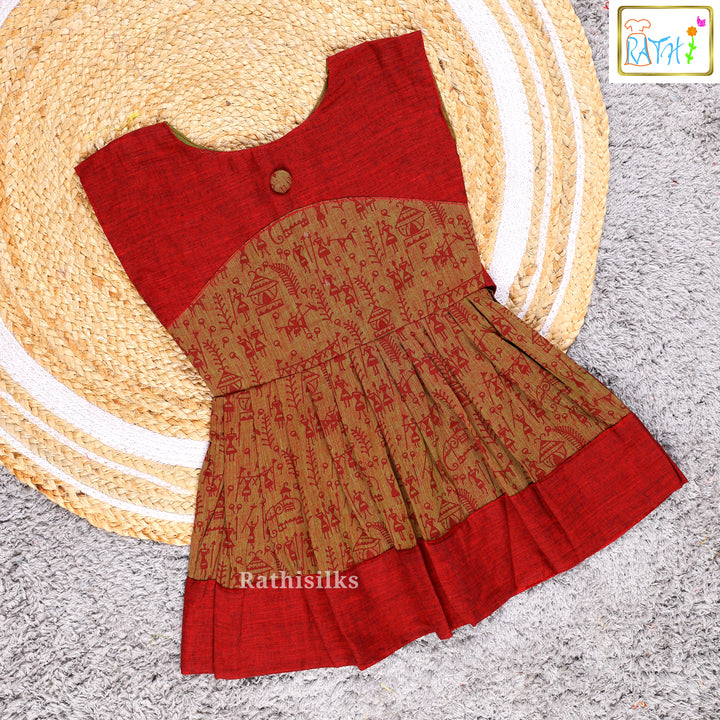 Elegant Brown & Maroon Mangalagiri Cotton Short Frock