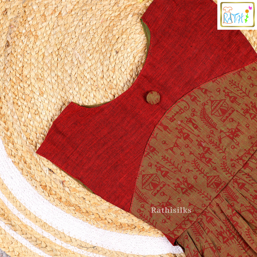 Elegant Brown & Maroon Mangalagiri Cotton Short Frock