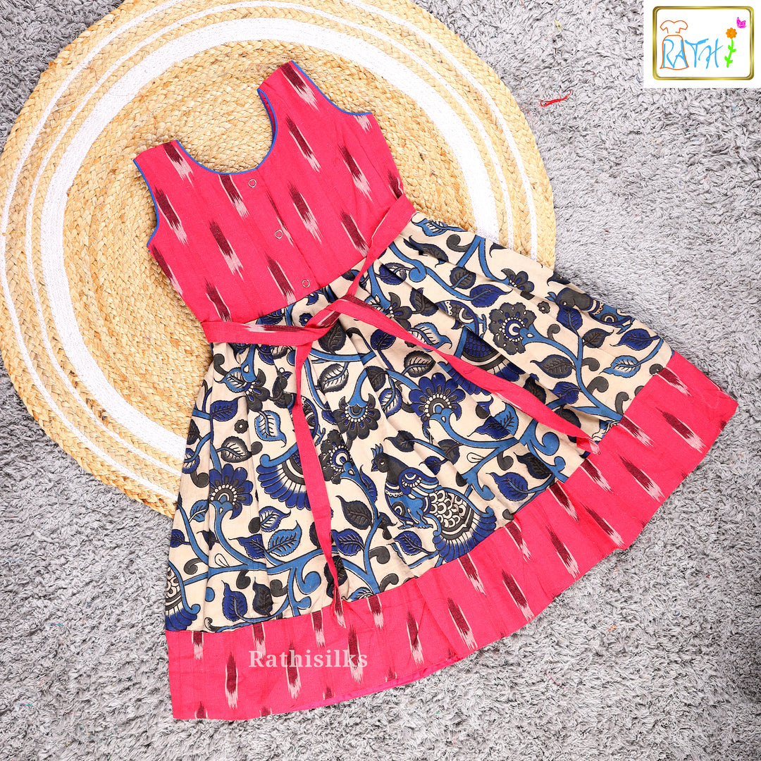 Pink Ikat & Beige Kalamkari Frock