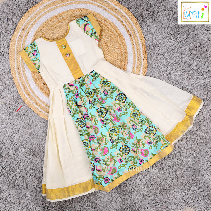 Cream & Aqua Kerala Kasavu Style Frock