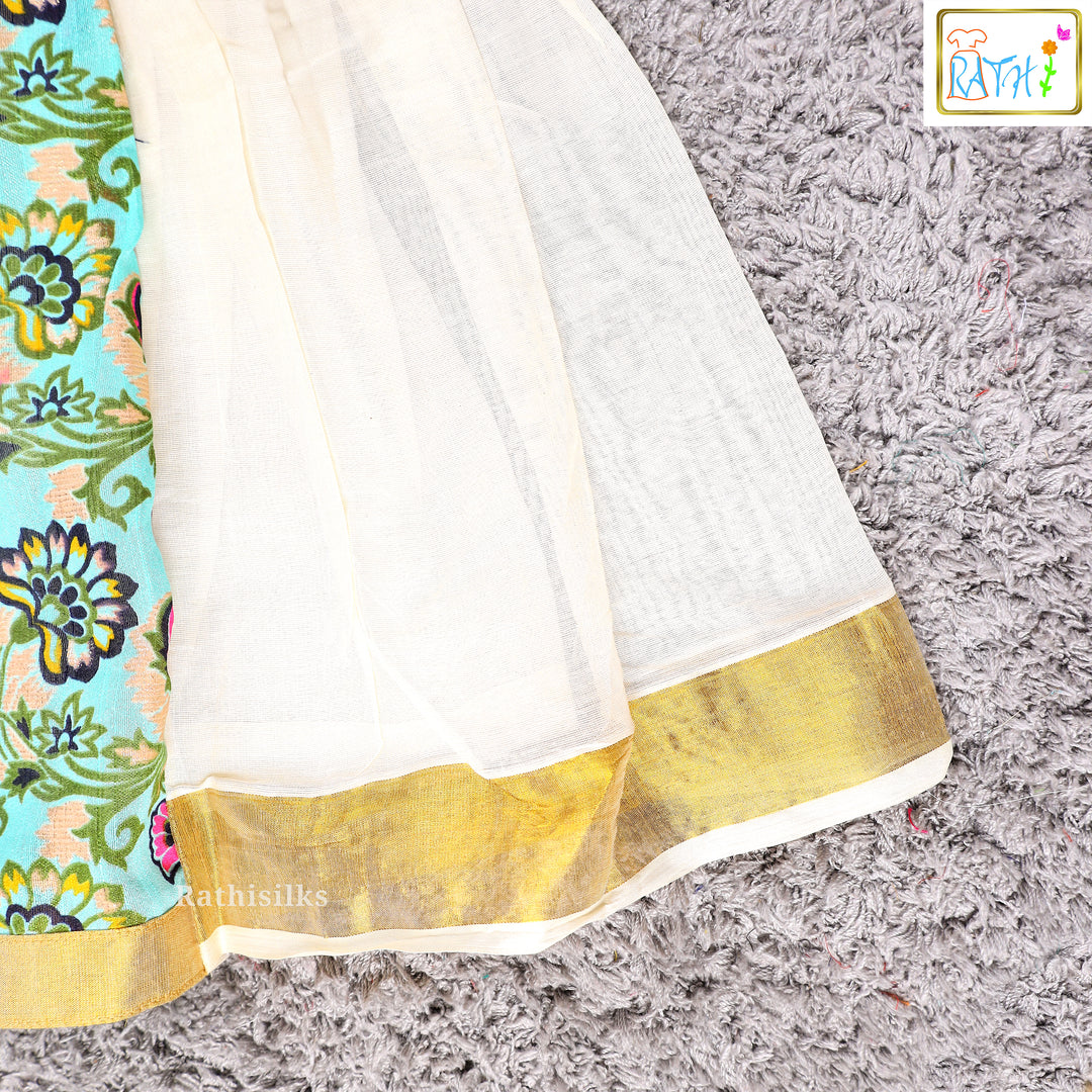 Cream & Aqua Kerala Kasavu Style Frock