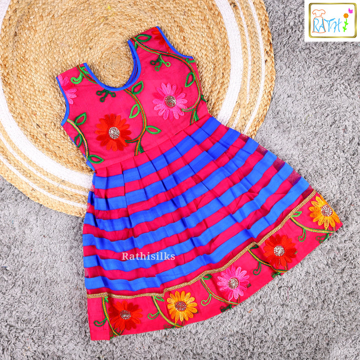 Vibrant Pink & Blue Embroidered Frock