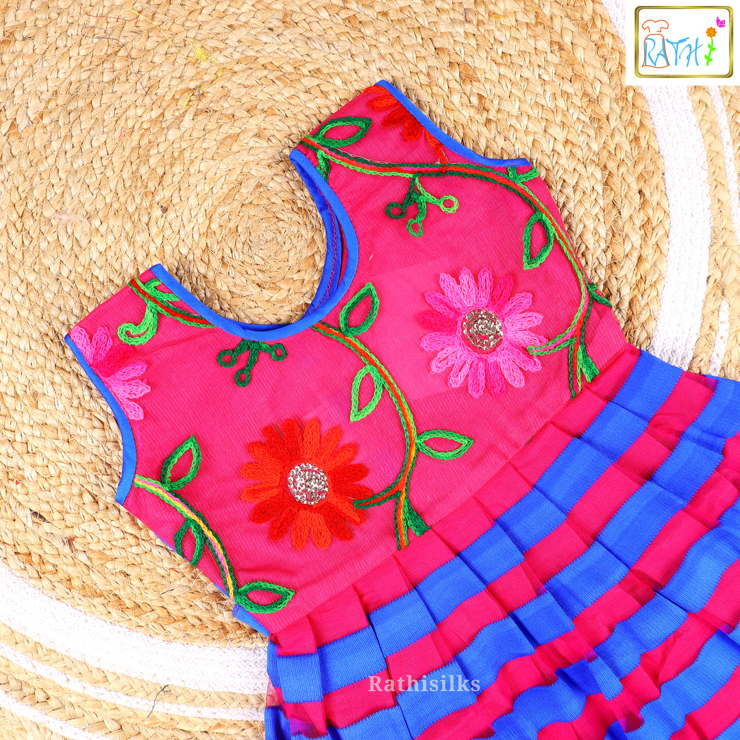 Vibrant Pink & Blue Embroidered Frock