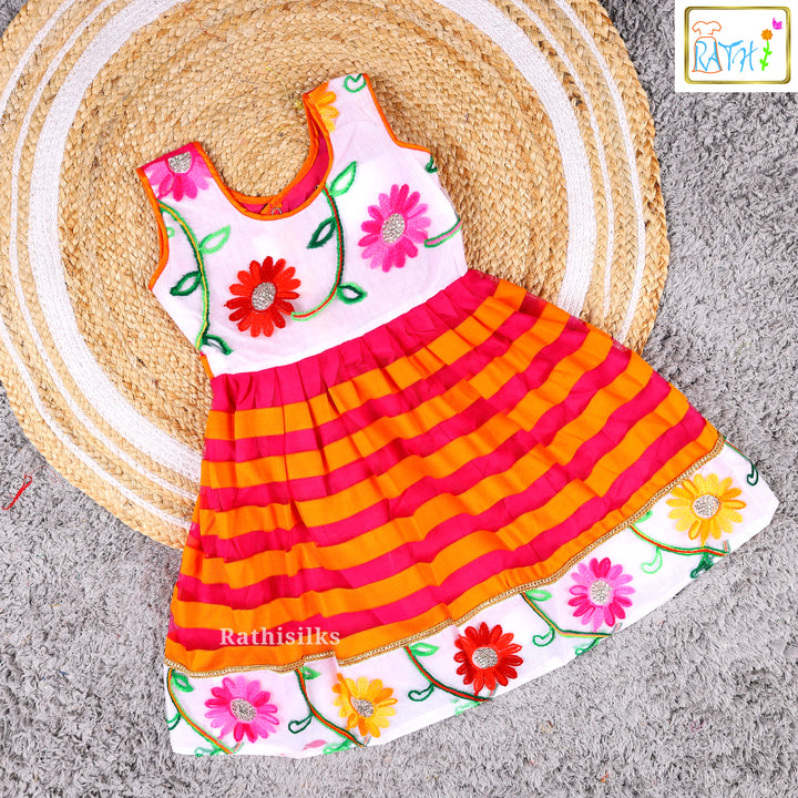 Vibrant Pink & Orange Embroidered Frock