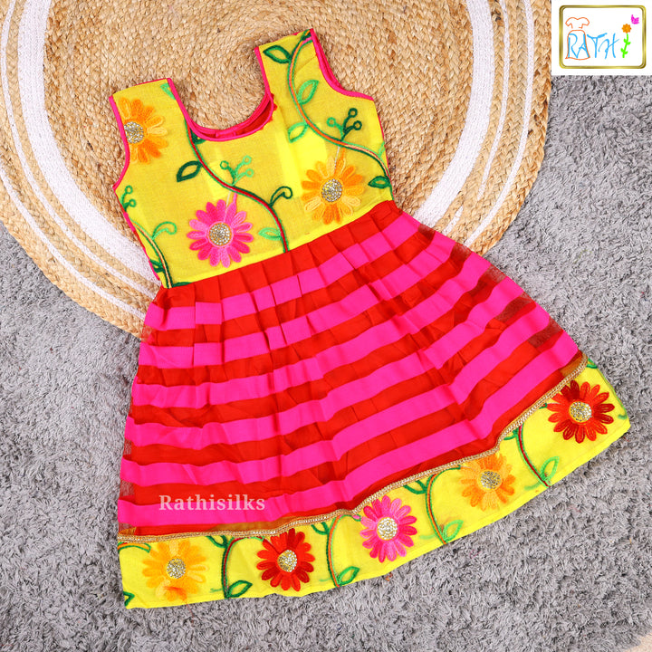 Vibrant Yellow & Pink Embroidered Frock