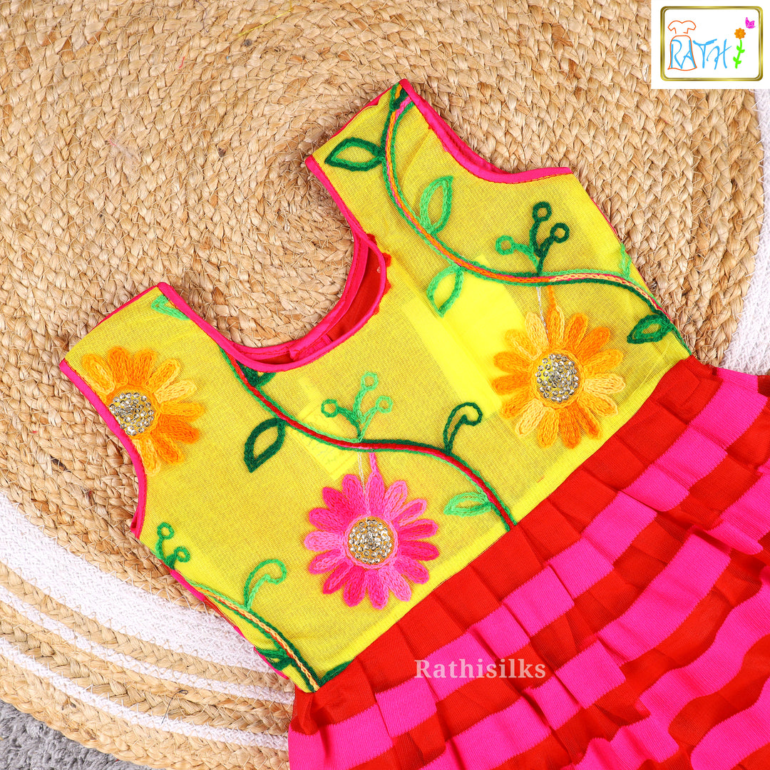 Vibrant Yellow & Pink Embroidered Frock