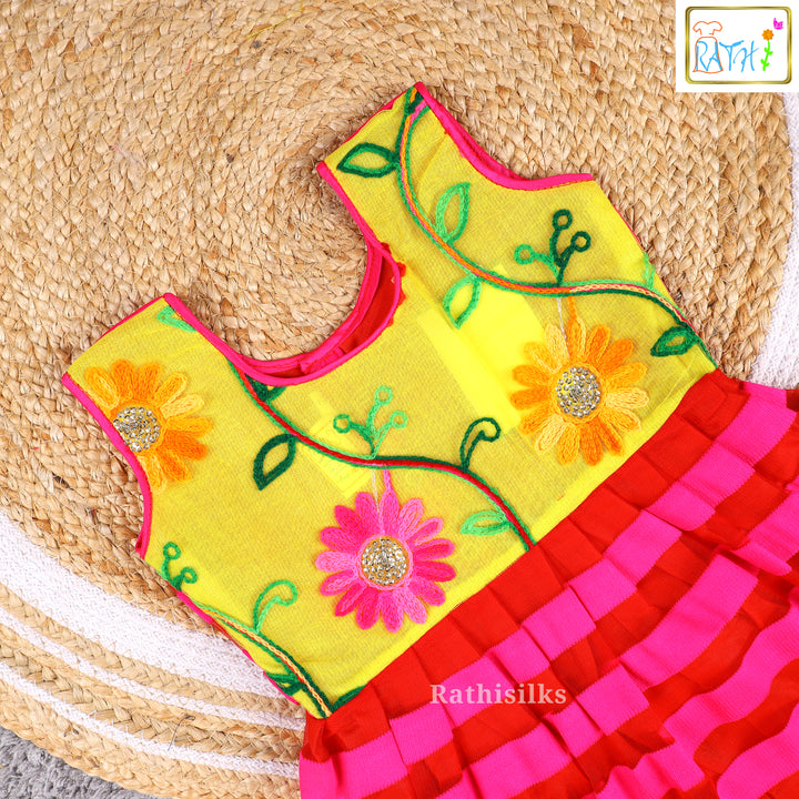 Vibrant Yellow & Pink Embroidered Frock