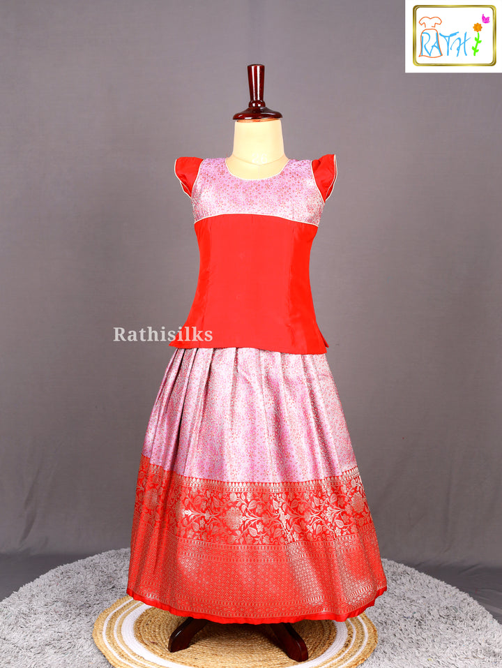 Red Karishma Top with Pink-Red Banarasi Pavadai Set