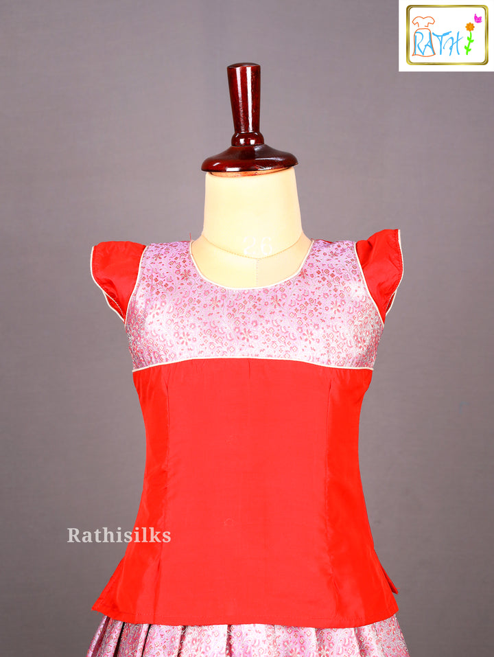Red Karishma Top with Pink-Red Banarasi Pavadai Set