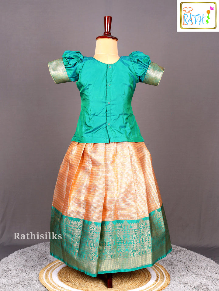 Green Karishma Top with Peach-Gold Art Silk Pavadai Set