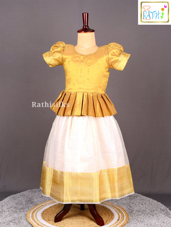 Gold Blouse with White Kerala Tissue Pavadai Set