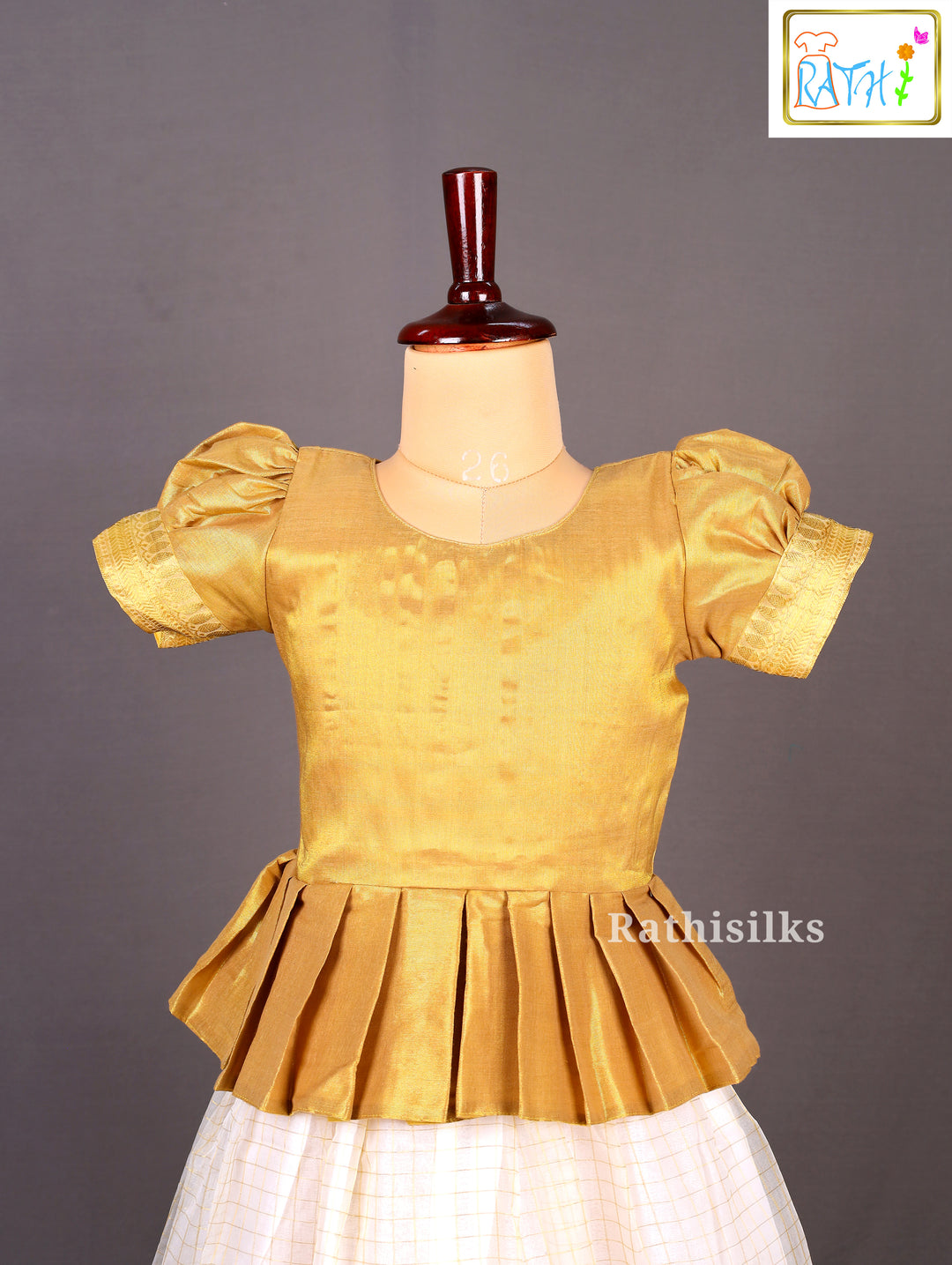 Gold Blouse with White Kerala Tissue Pavadai Set