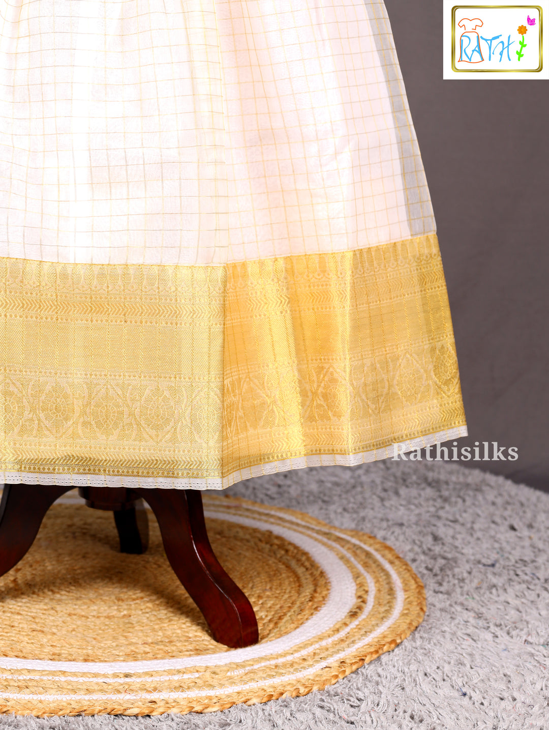 Gold Blouse with White Kerala Tissue Pavadai Set