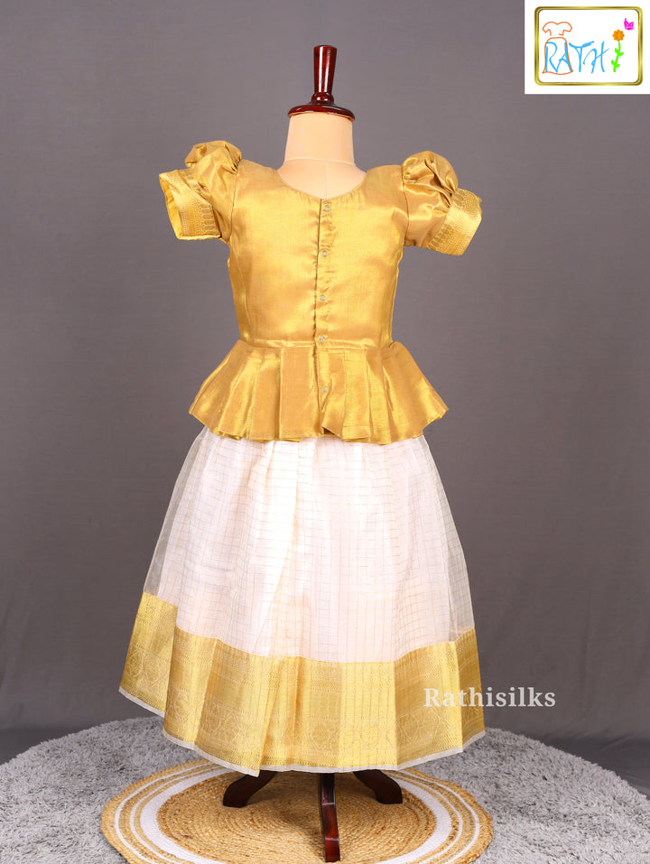Gold Blouse with White Kerala Tissue Pavadai Set