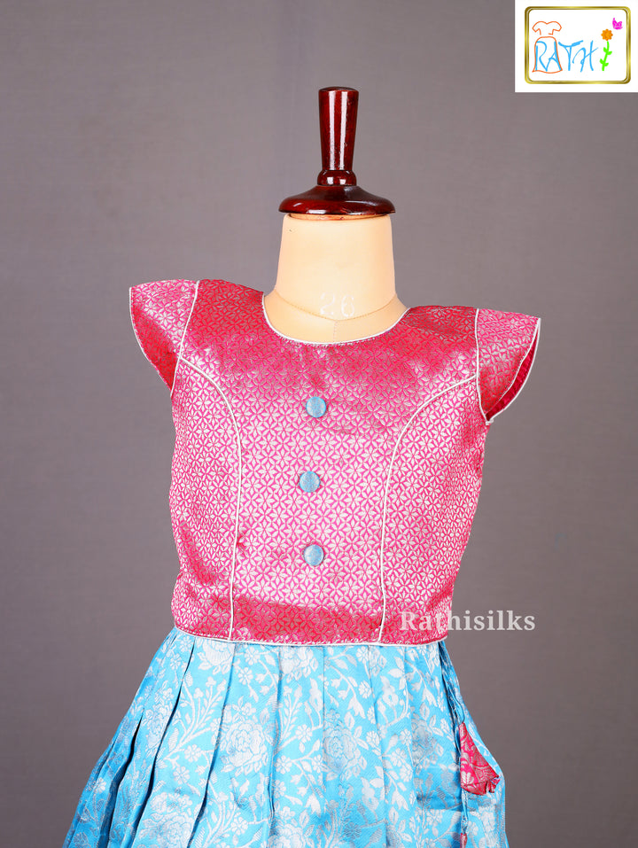 Pink Banarasi Top with Blue Banarasi Pavadai Set
