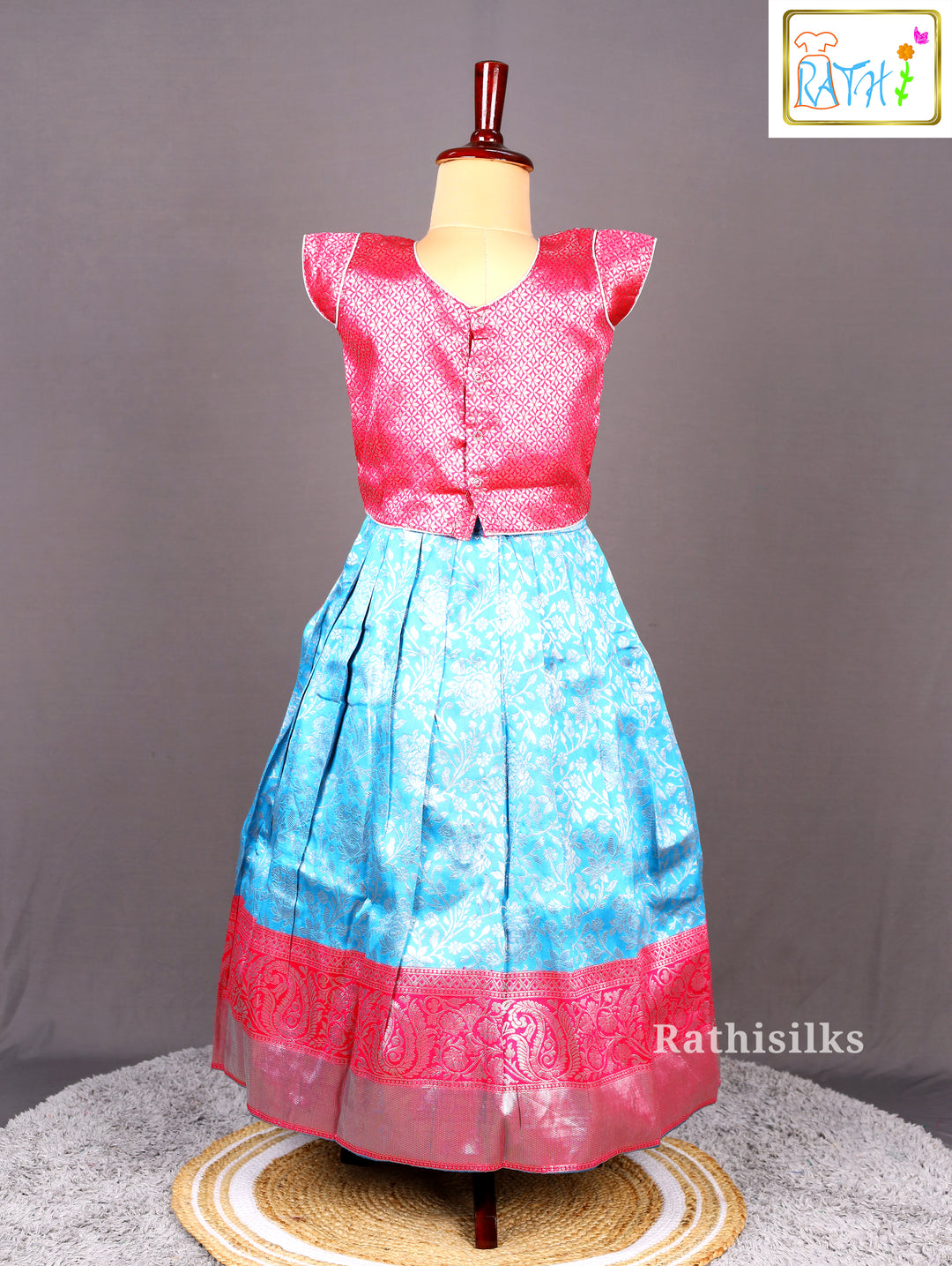 Pink Banarasi Top with Blue Banarasi Pavadai Set