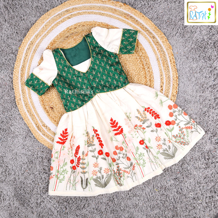 Elegant Cream & Green Embroidered Cotton Frock