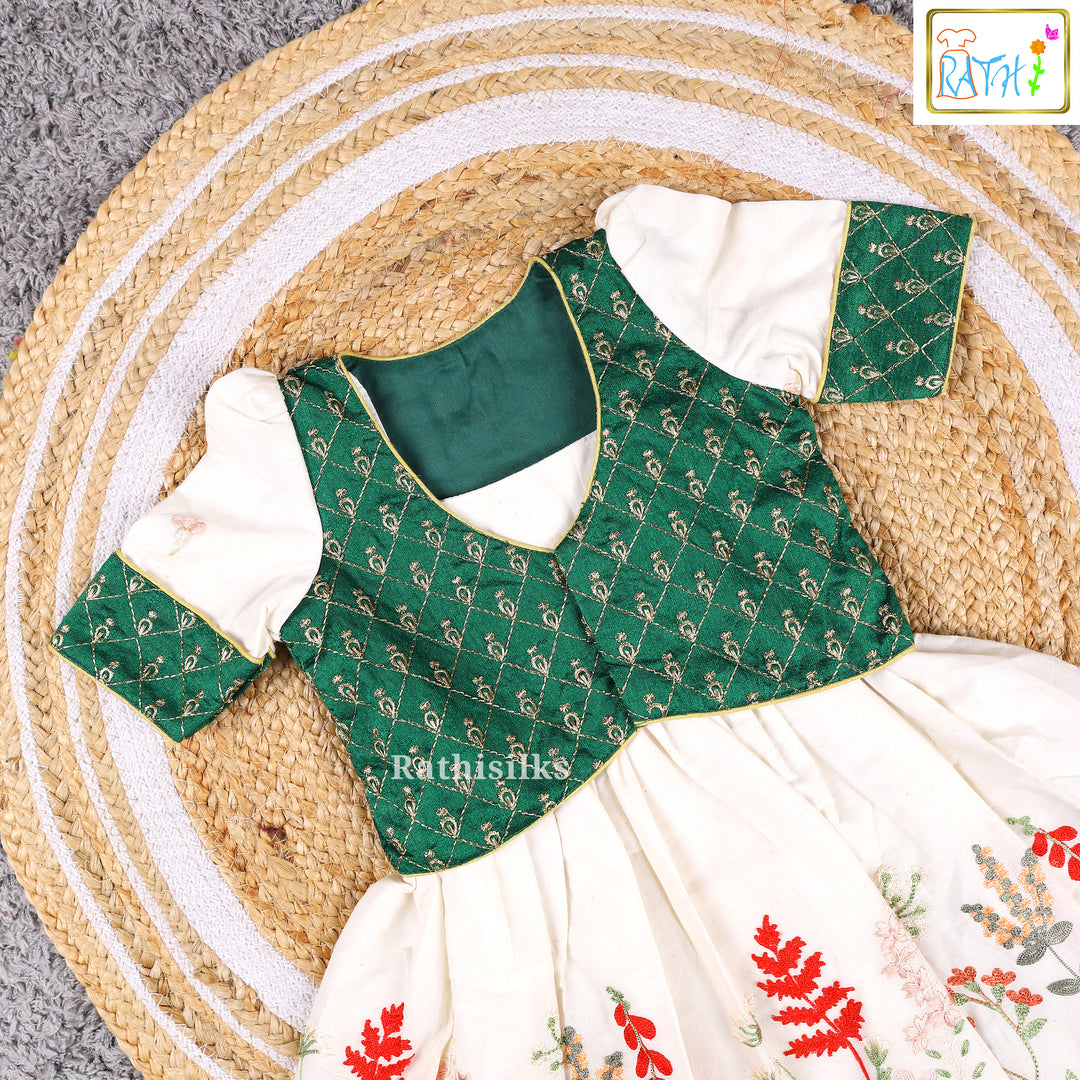 Elegant Cream & Green Embroidered Cotton Frock
