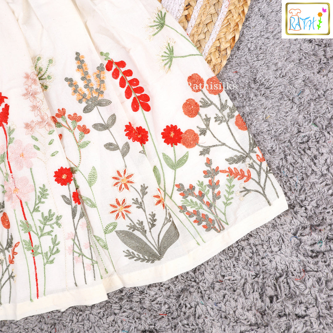 Elegant Cream & Green Embroidered Cotton Frock