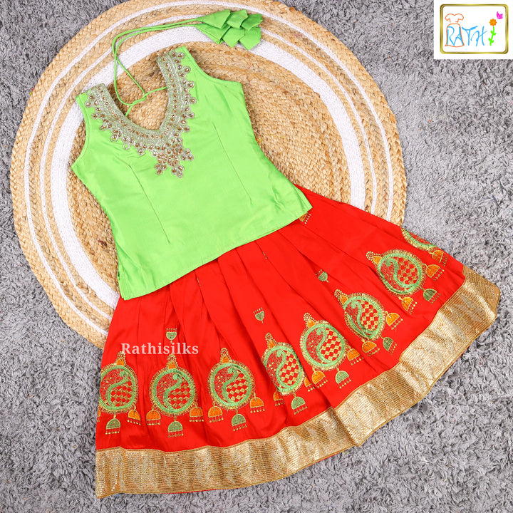Green Embroidered Blouse with Red Art Silk Pavadai Set