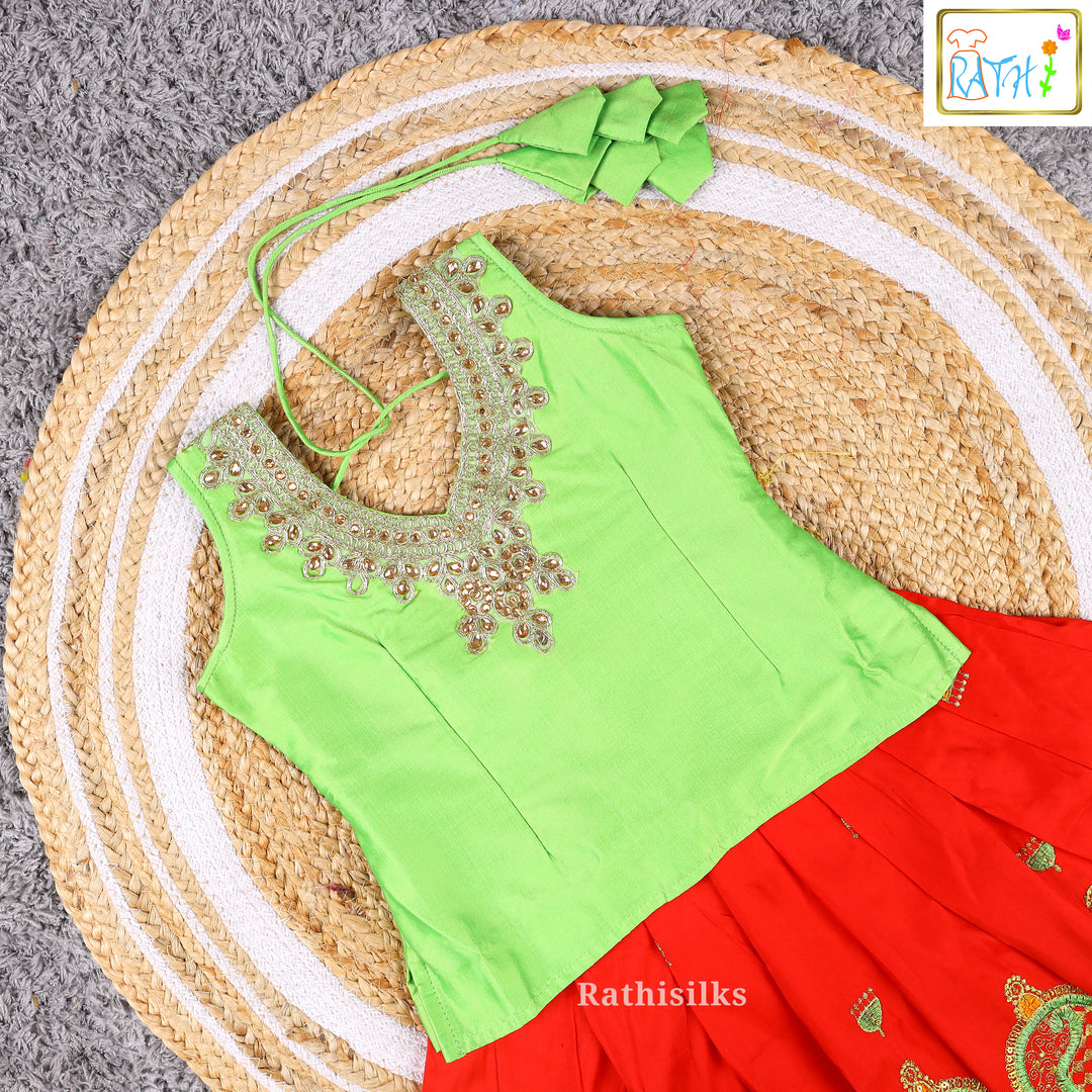 Green Embroidered Blouse with Red Art Silk Pavadai Set