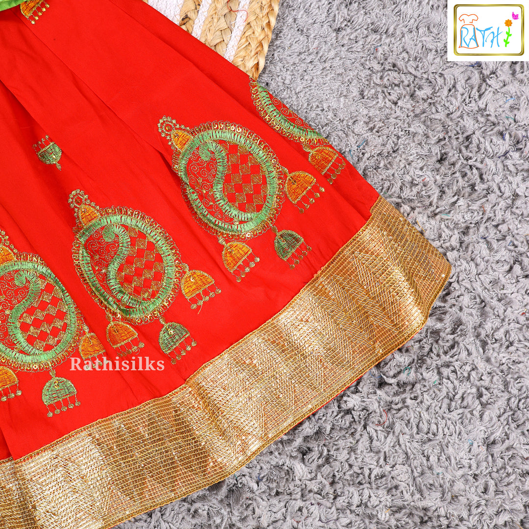 Green Embroidered Blouse with Red Art Silk Pavadai Set