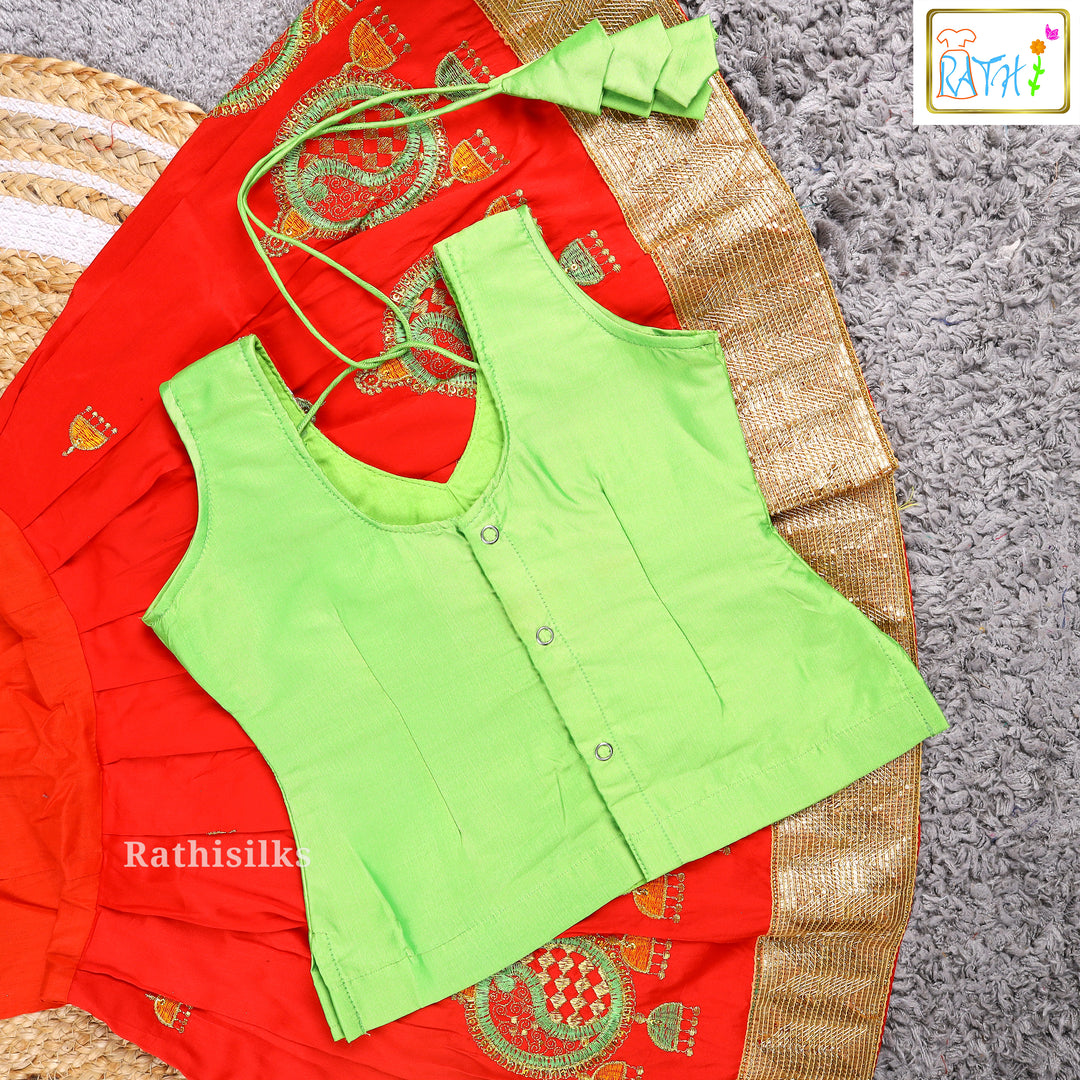 Green Embroidered Blouse with Red Art Silk Pavadai Set