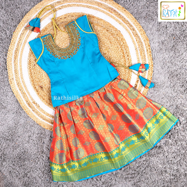 Blue Embroidered Blouse with Orange Art Silk Pavadai Set