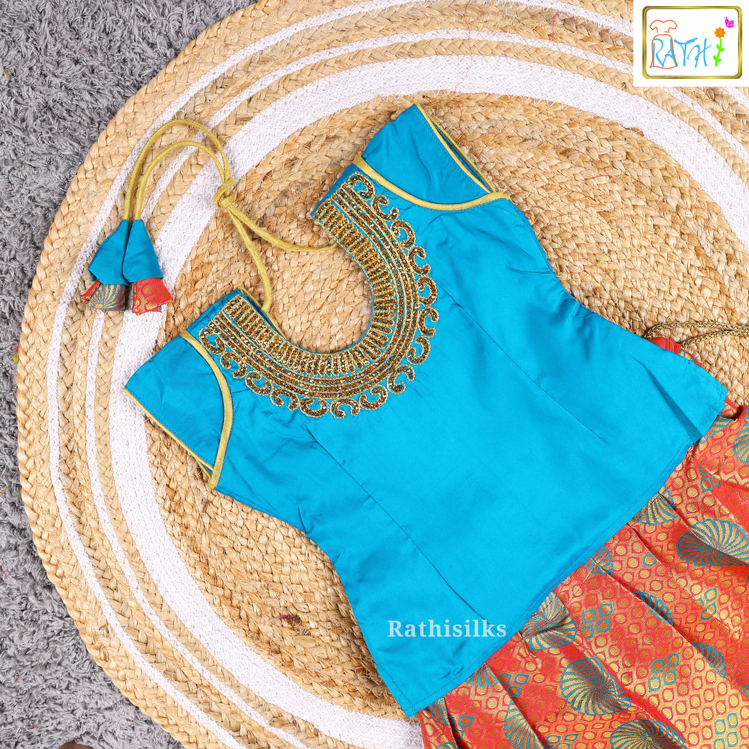 Blue Embroidered Blouse with Orange Art Silk Pavadai Set