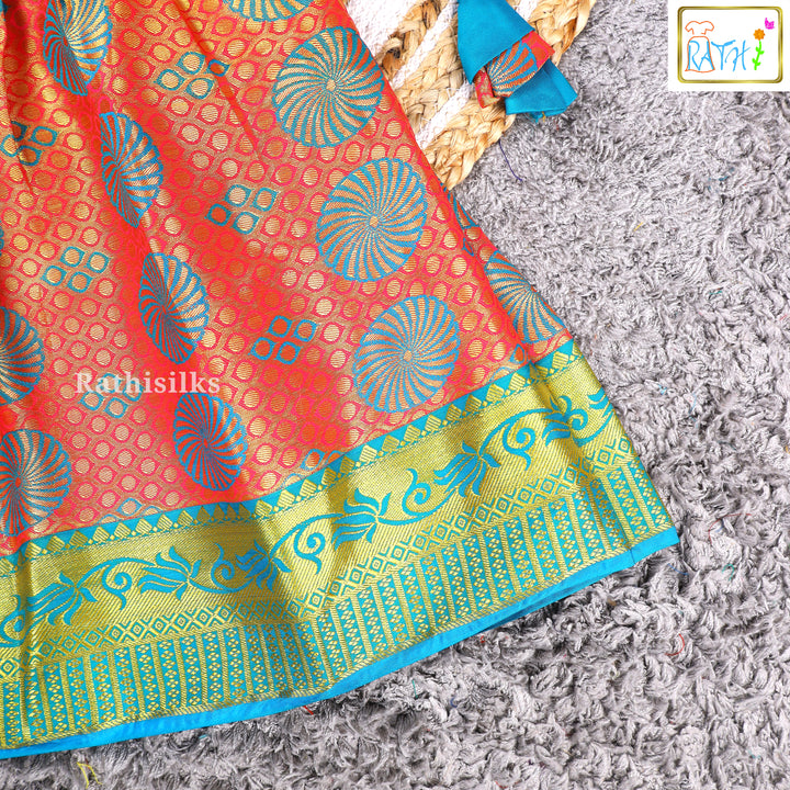 Blue Embroidered Blouse with Orange Art Silk Pavadai Set