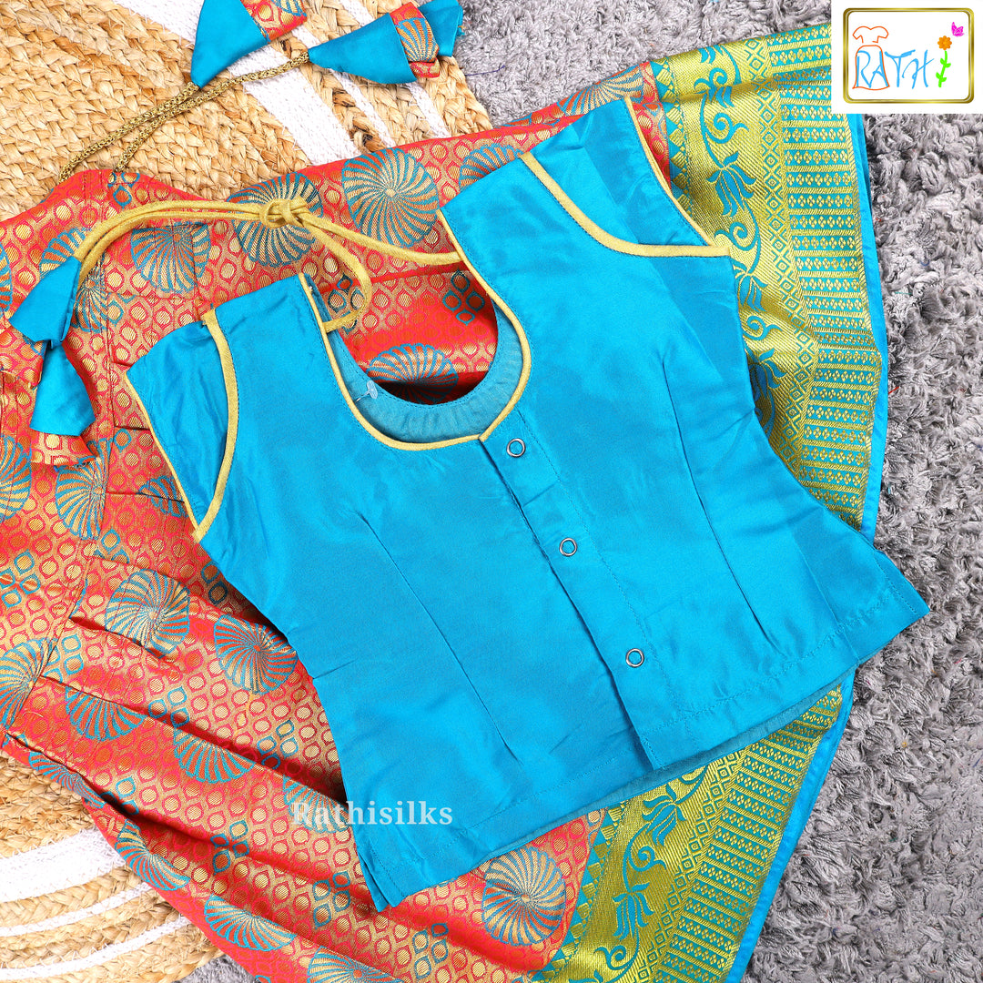 Blue Embroidered Blouse with Orange Art Silk Pavadai Set