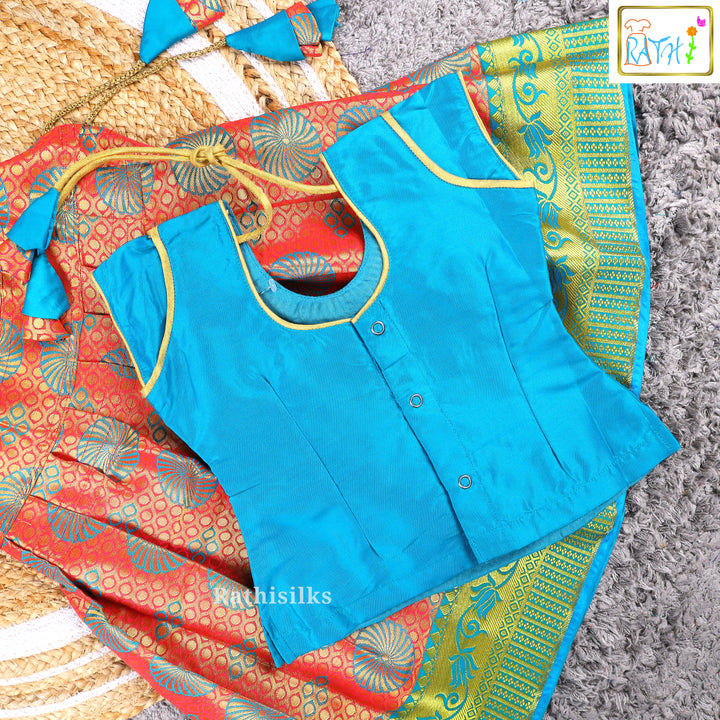 Blue Embroidered Blouse with Orange Art Silk Pavadai Set