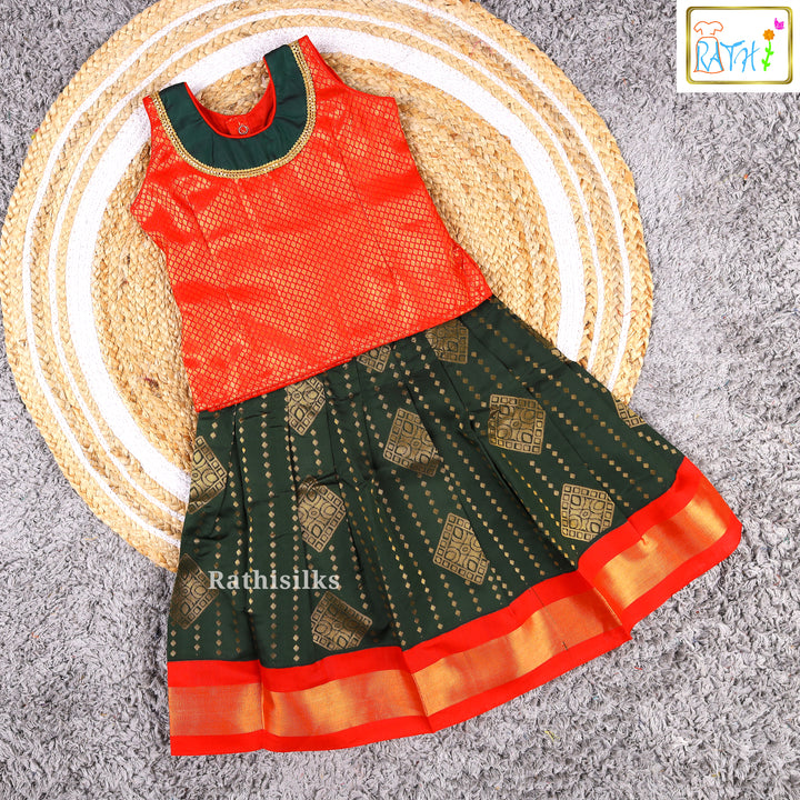 Red Blouse with Dark Green Art Silk Pavadai Set